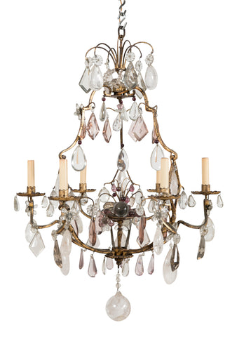French 3 Double Light Gilded & Rock Crystal Chandelier