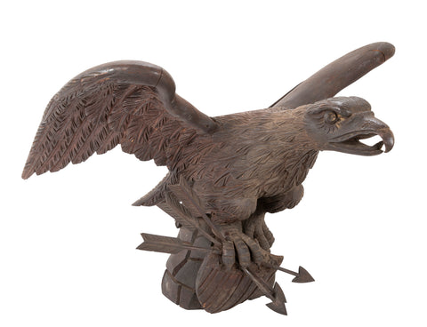 Outstanding Large Oak Carved Eagle Grasping Shield with Three Arrows in His Talons