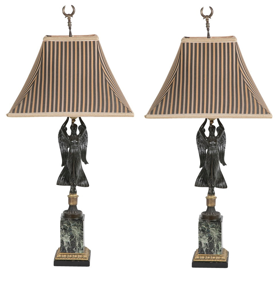 Pair of Bronze & Ormolu "Winged Victory" Lamps with Marble Bases