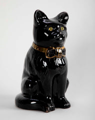 French Glazed Ceramic Black Cat with Glass Eyes & Gilt Bow