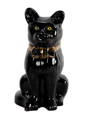 French Glazed Ceramic Black Cat with Glass Eyes & Gilt Bow