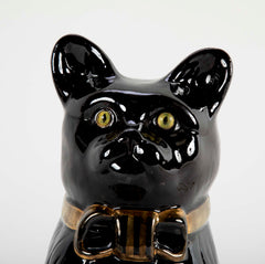 French Glazed Ceramic Black Cat with Glass Eyes & Gilt Bow