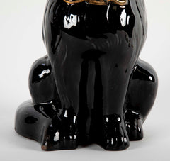 French Glazed Ceramic Black Cat with Glass Eyes & Gilt Bow
