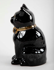 French Glazed Ceramic Black Cat with Glass Eyes & Gilt Bow