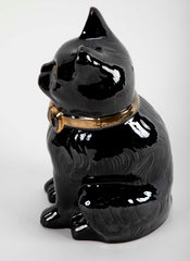 French Glazed Ceramic Black Cat with Glass Eyes & Gilt Bow