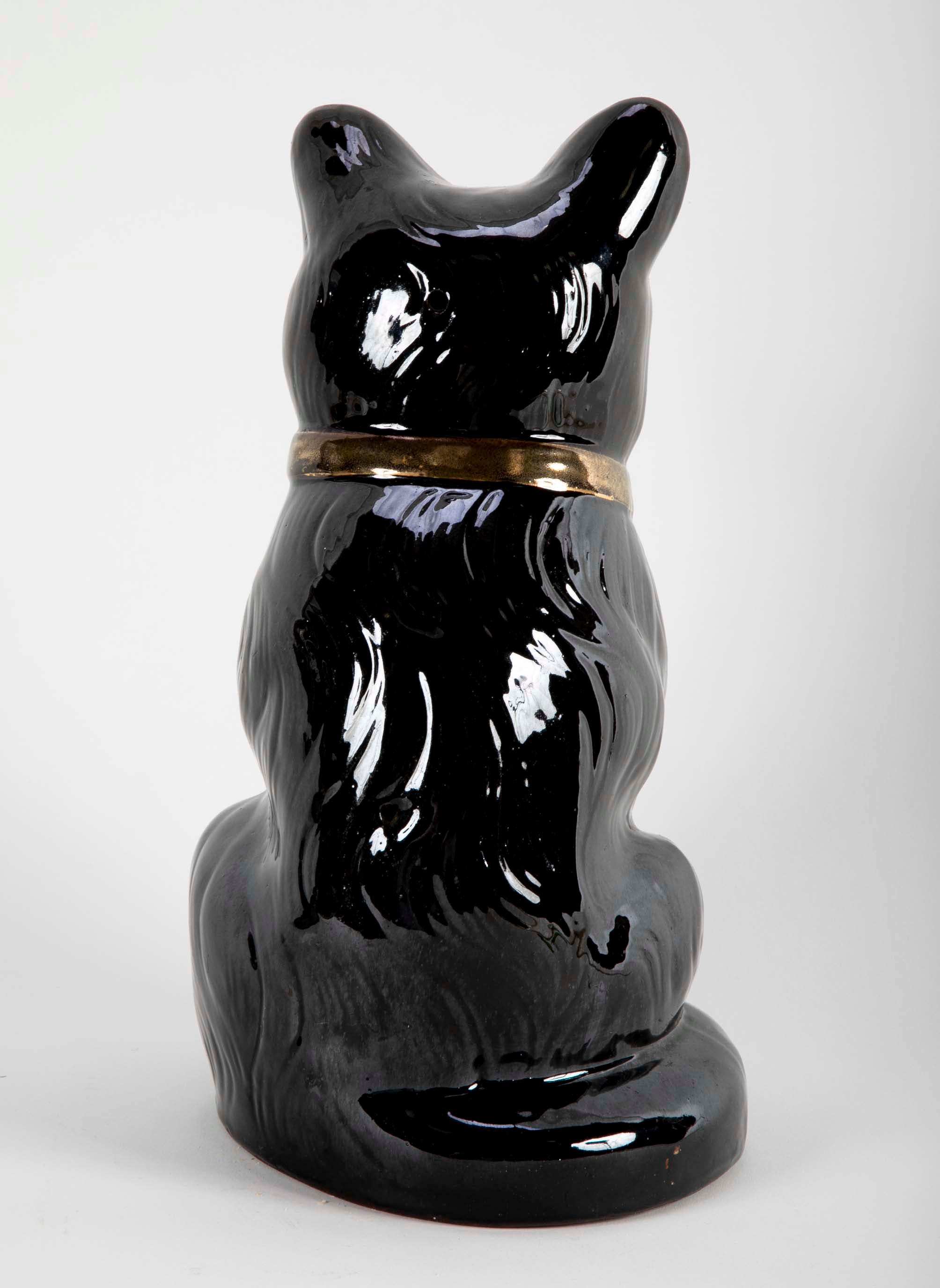 French Glazed Ceramic Black Cat with Glass Eyes & Gilt Bow