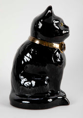 French Glazed Ceramic Black Cat with Glass Eyes & Gilt Bow