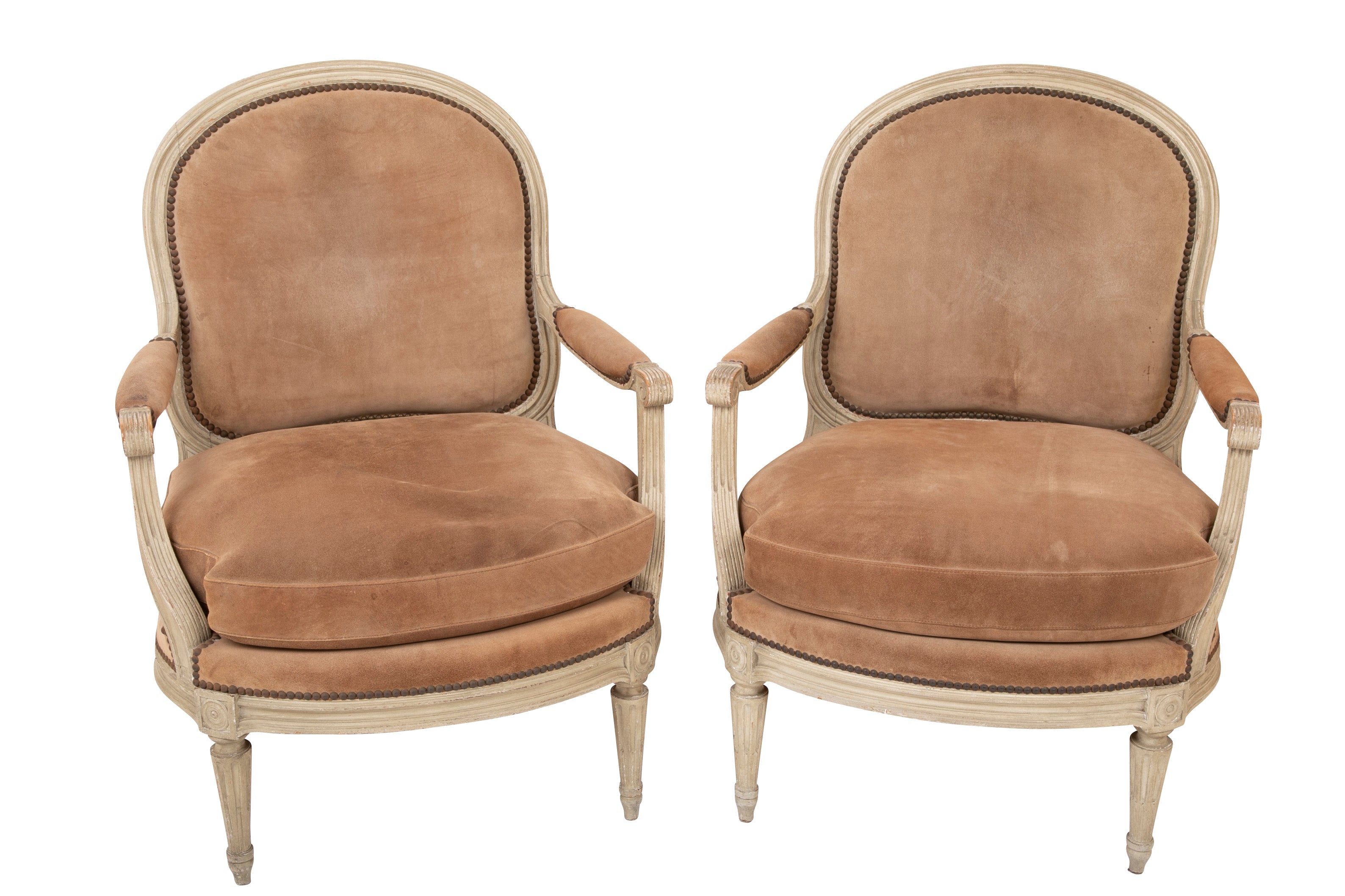 A Pair of Louis XVI Style Suede and Painted Armchairs by Maison Jansen