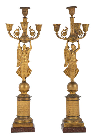 Pair of Russian Empire D'ore Bronze Candelabra with Porphyry Base