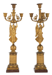 Pair of Russian Empire D'ore Bronze Candelabra with Porphyry Base