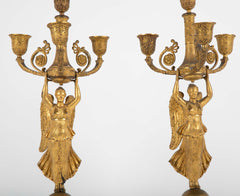 Pair of Russian Empire D'ore Bronze Candelabra with Porphyry Base