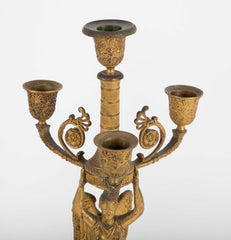 Pair of Russian Empire D'ore Bronze Candelabra with Porphyry Base