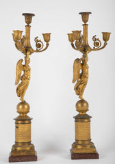 Pair of Russian Empire D'ore Bronze Candelabra with Porphyry Base