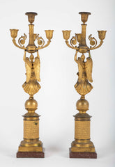 Pair of Russian Empire D'ore Bronze Candelabra with Porphyry Base