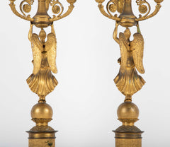 Pair of Russian Empire D'ore Bronze Candelabra with Porphyry Base