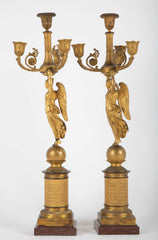 Pair of Russian Empire D'ore Bronze Candelabra with Porphyry Base