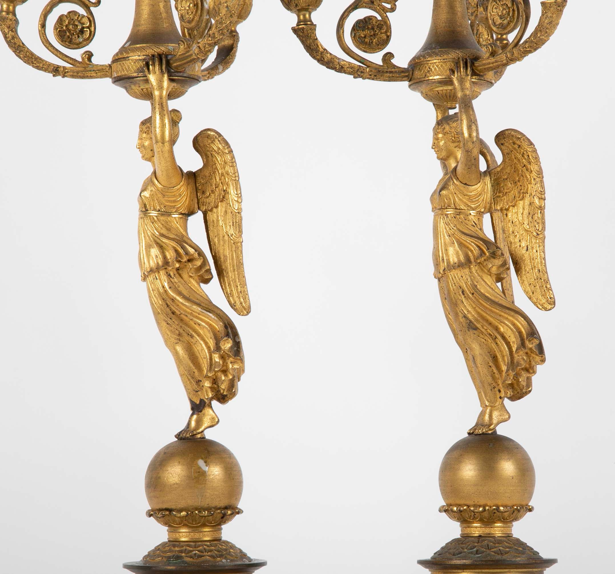 Pair of Russian Empire D'ore Bronze Candelabra with Porphyry Base