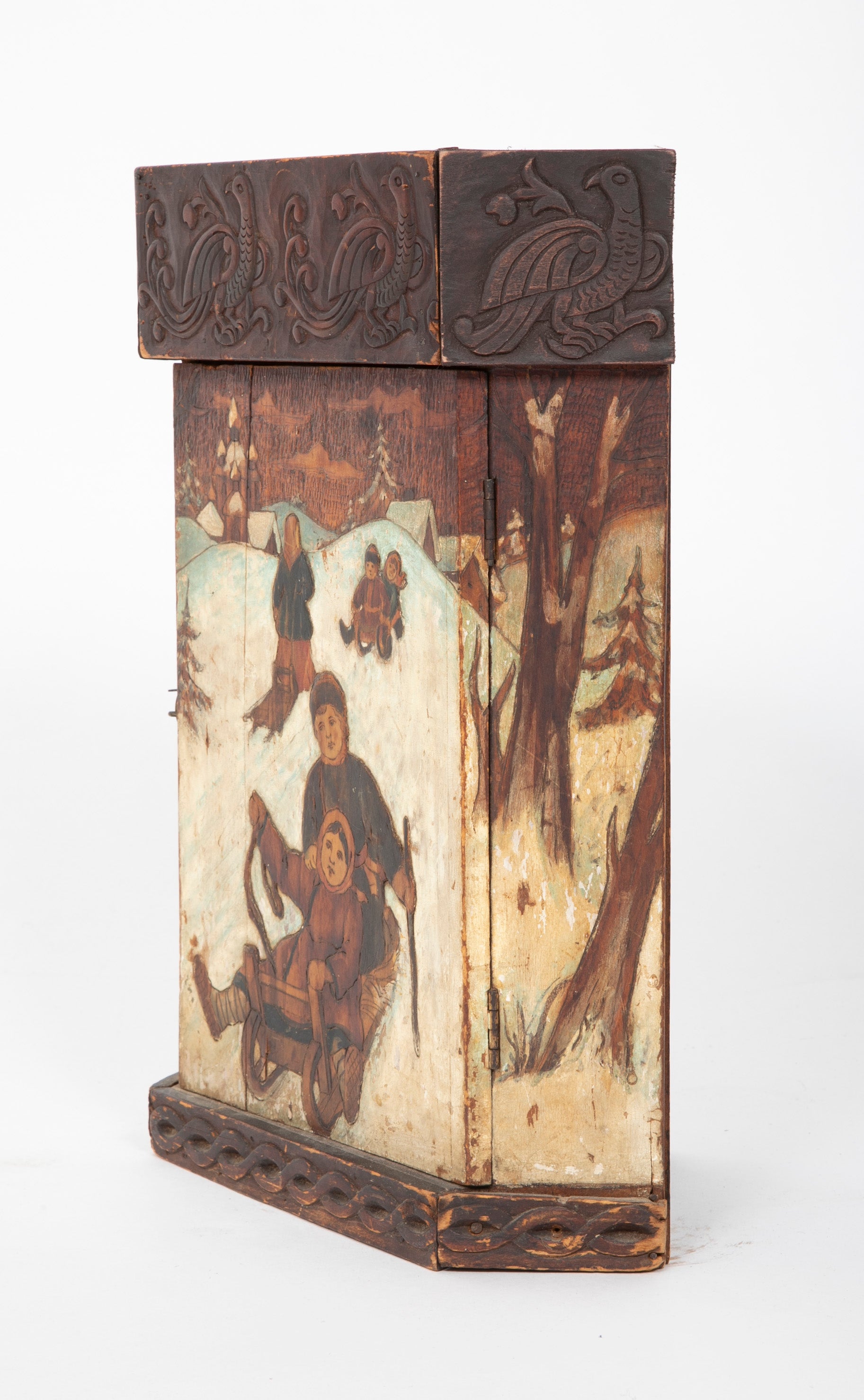Rare Miniature Eastern European Corner Cupboard with Painted Children Sledding Motif
