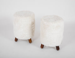 Pair of Faux Lambskin Upholstered Stools in the Manner of Jean Royere