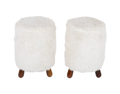 Pair of Faux Lambskin Upholstered Stools in the Manner of Jean Royere