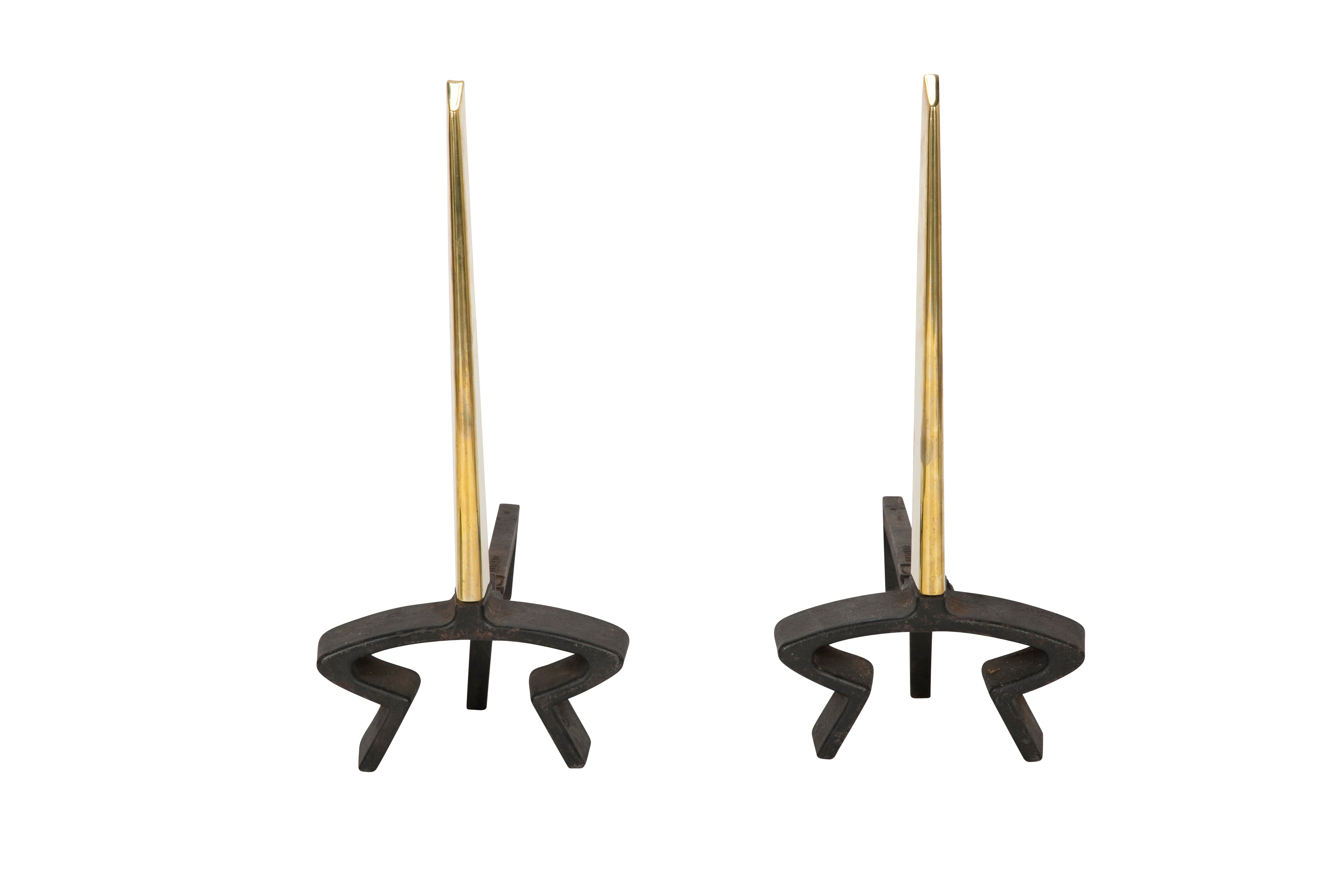 Pair of Brass and Iron Andirons by Donald Deskey, Bennett Metalworks