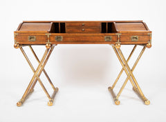 Vintage Drexel Walnut and Gilt Wood Campaign Desk with Gilt X-Base Legs and Low Roll Top