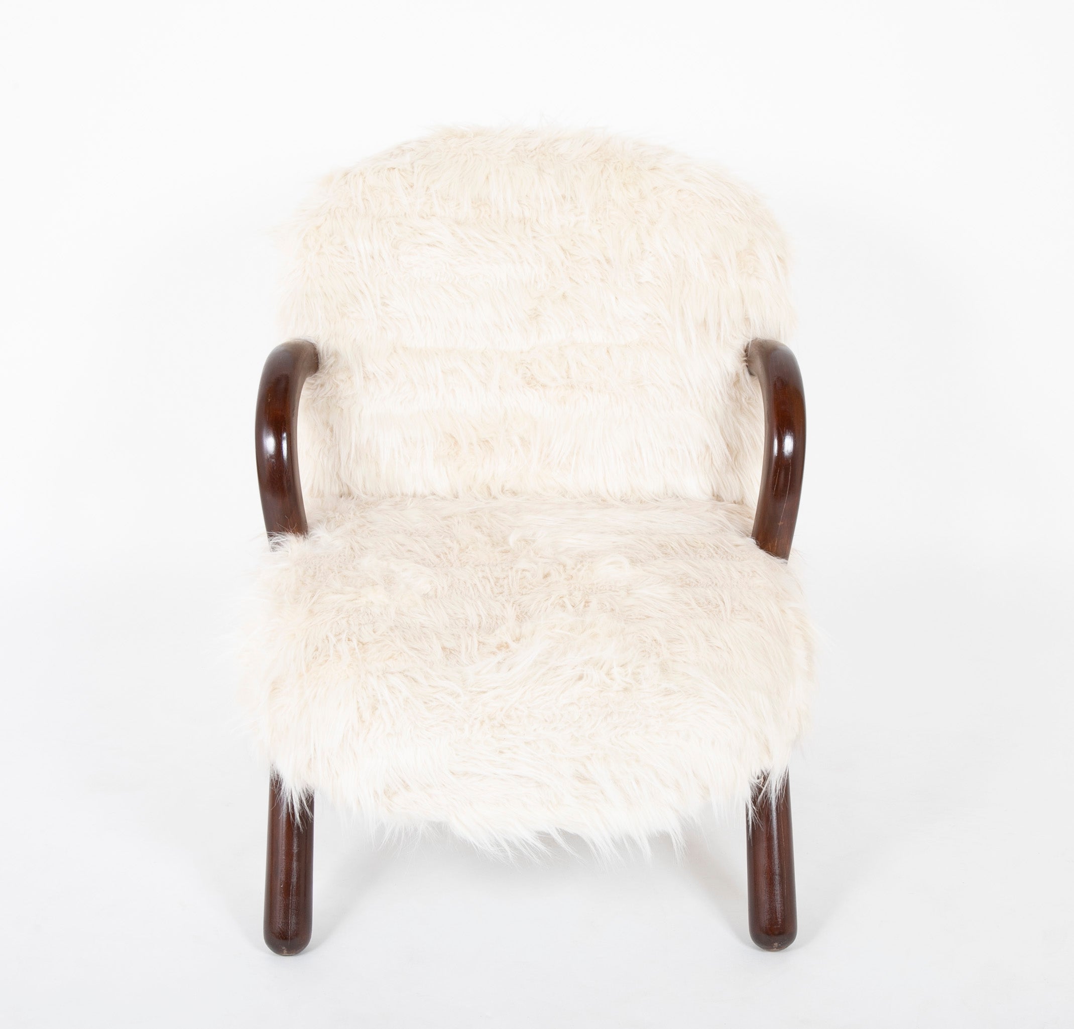 Pair of Faux Goat Hair Upholstered Armchairs in the Manner of Jean Royere