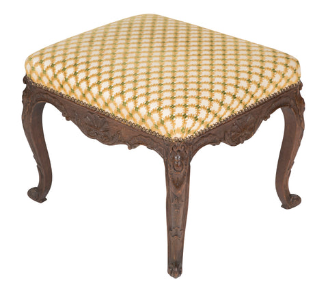 Regence Oak Carved Stool with Nailhead Upholstered Seat