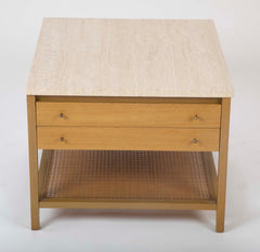 Travertine Top Mahogany Side Table Designed by Paul McCobb