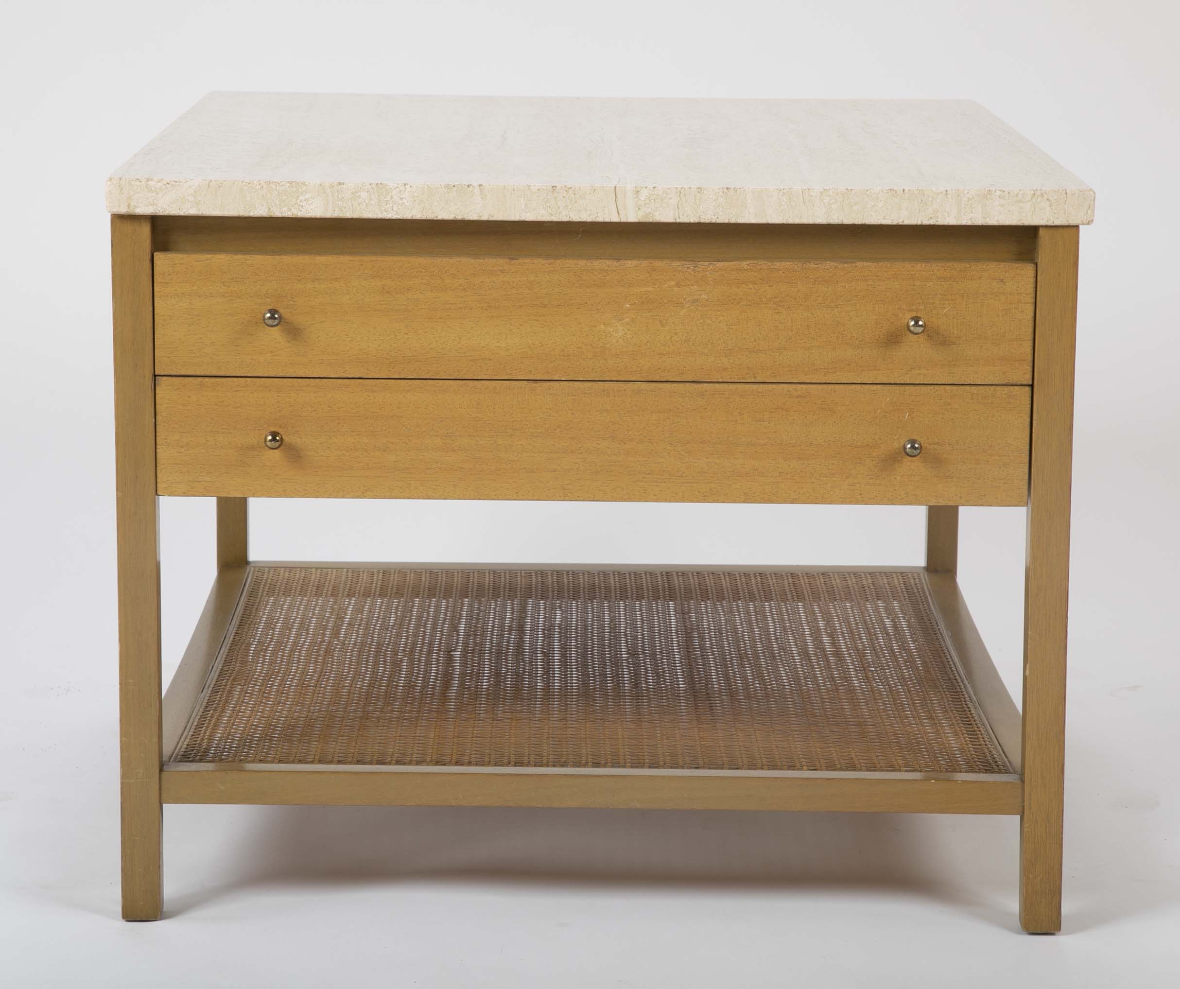 Travertine Top Mahogany Side Table Designed by Paul McCobb