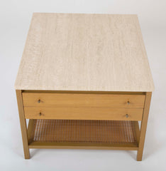Travertine Top Mahogany Side Table Designed by Paul McCobb