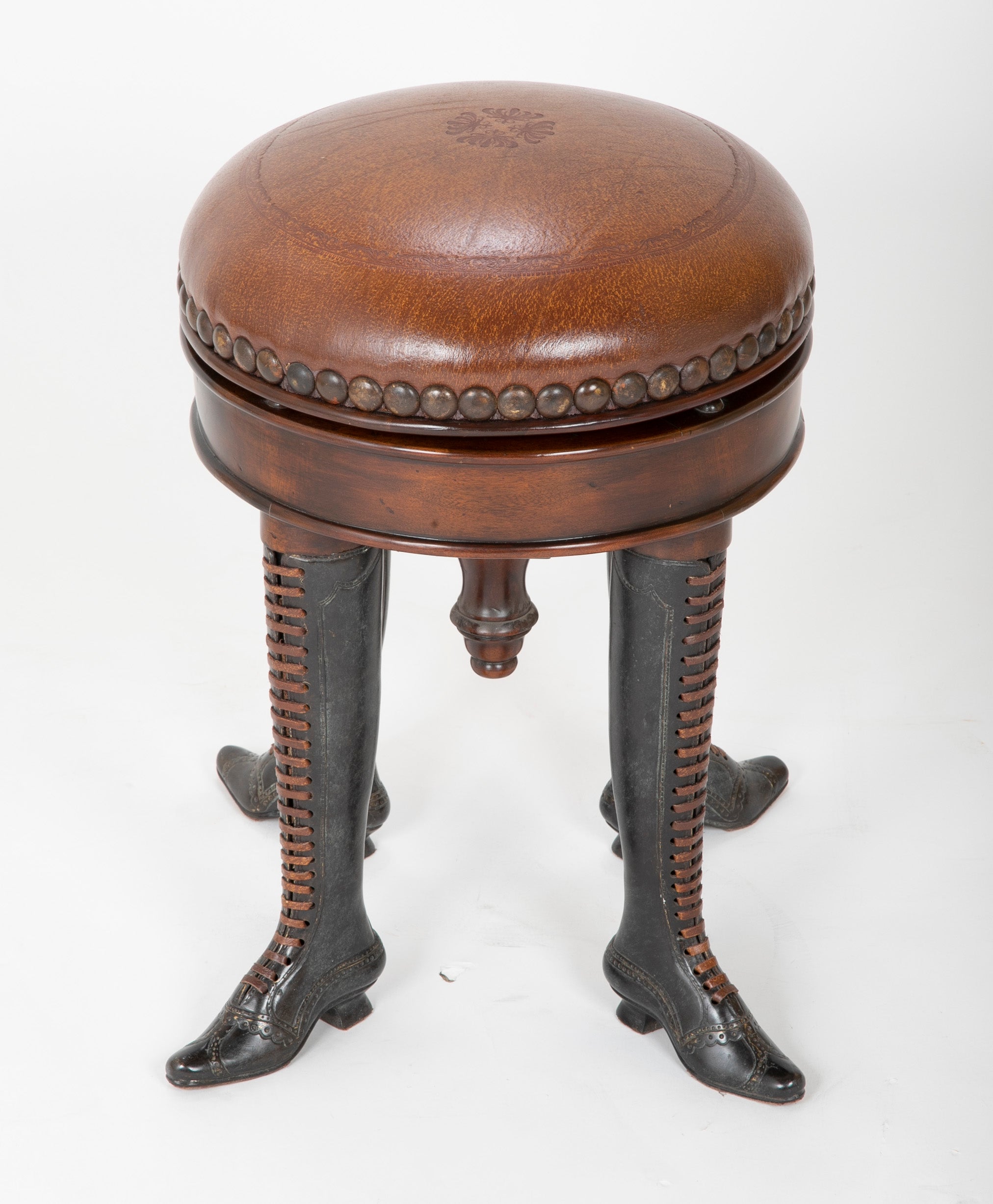 Bronze Four Legged Adjustable Revolving Stool with Leather Upholstered Seat