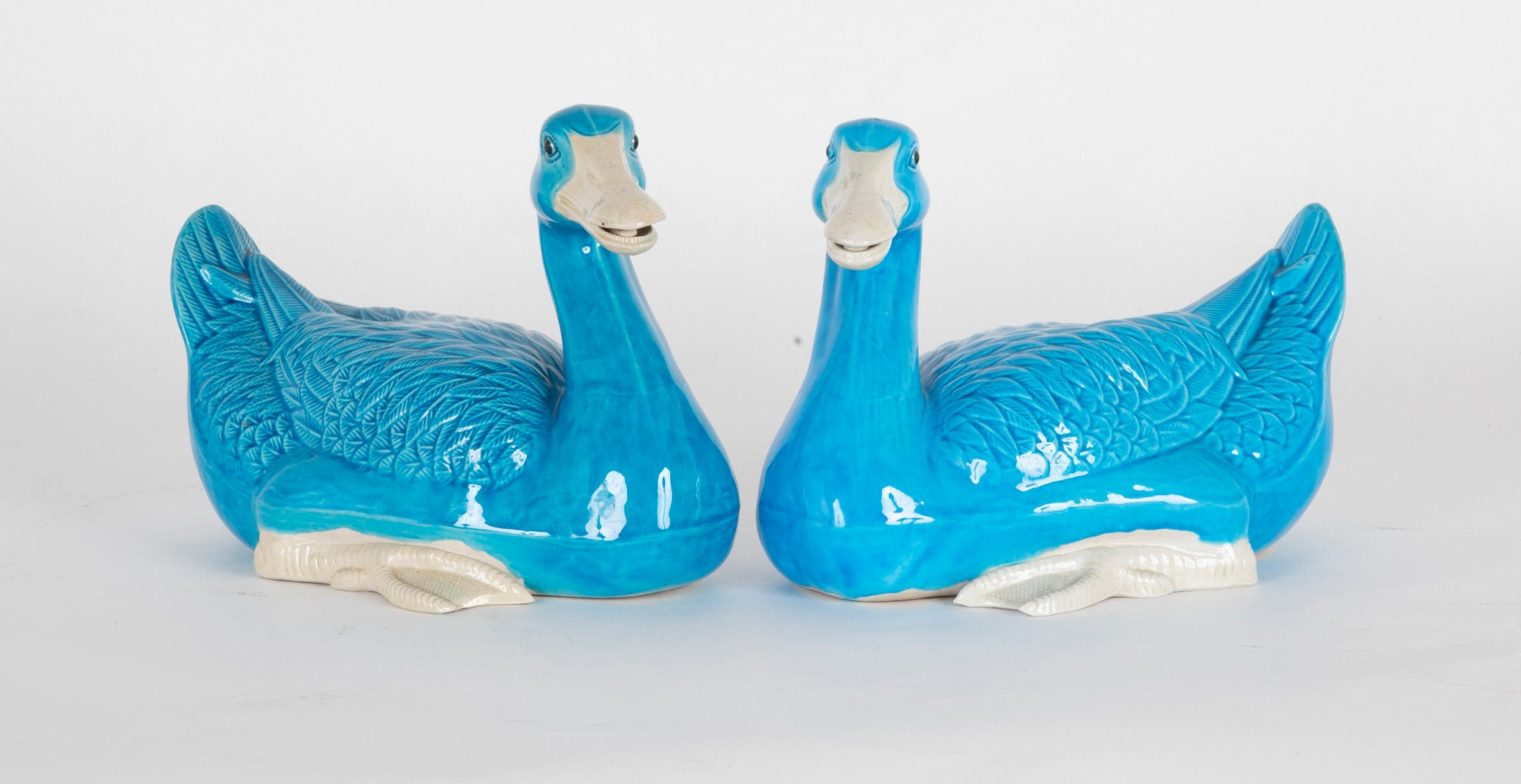 A Pair of Chinese Blue Glazed Porcelain Ducks