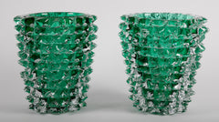 Pair of Murano Green Iridescent Glass Vases Signed Pino Signoretto