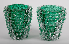 Pair of Murano Green Iridescent Glass Vases Signed Pino Signoretto