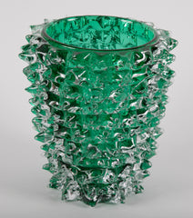 Pair of Murano Green Iridescent Glass Vases Signed Pino Signoretto