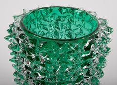Pair of Murano Green Iridescent Glass Vases Signed Pino Signoretto