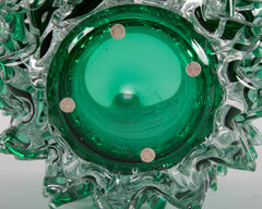 Pair of Murano Green Iridescent Glass Vases Signed Pino Signoretto