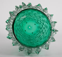 Pair of Murano Green Iridescent Glass Vases Signed Pino Signoretto