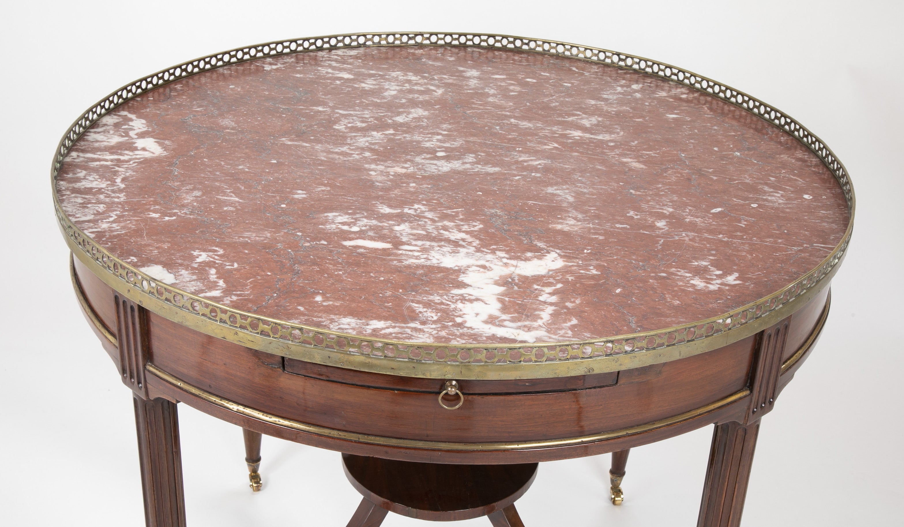 French Mahogany Marble Top Bouillotte Center Table with Brass Gallery