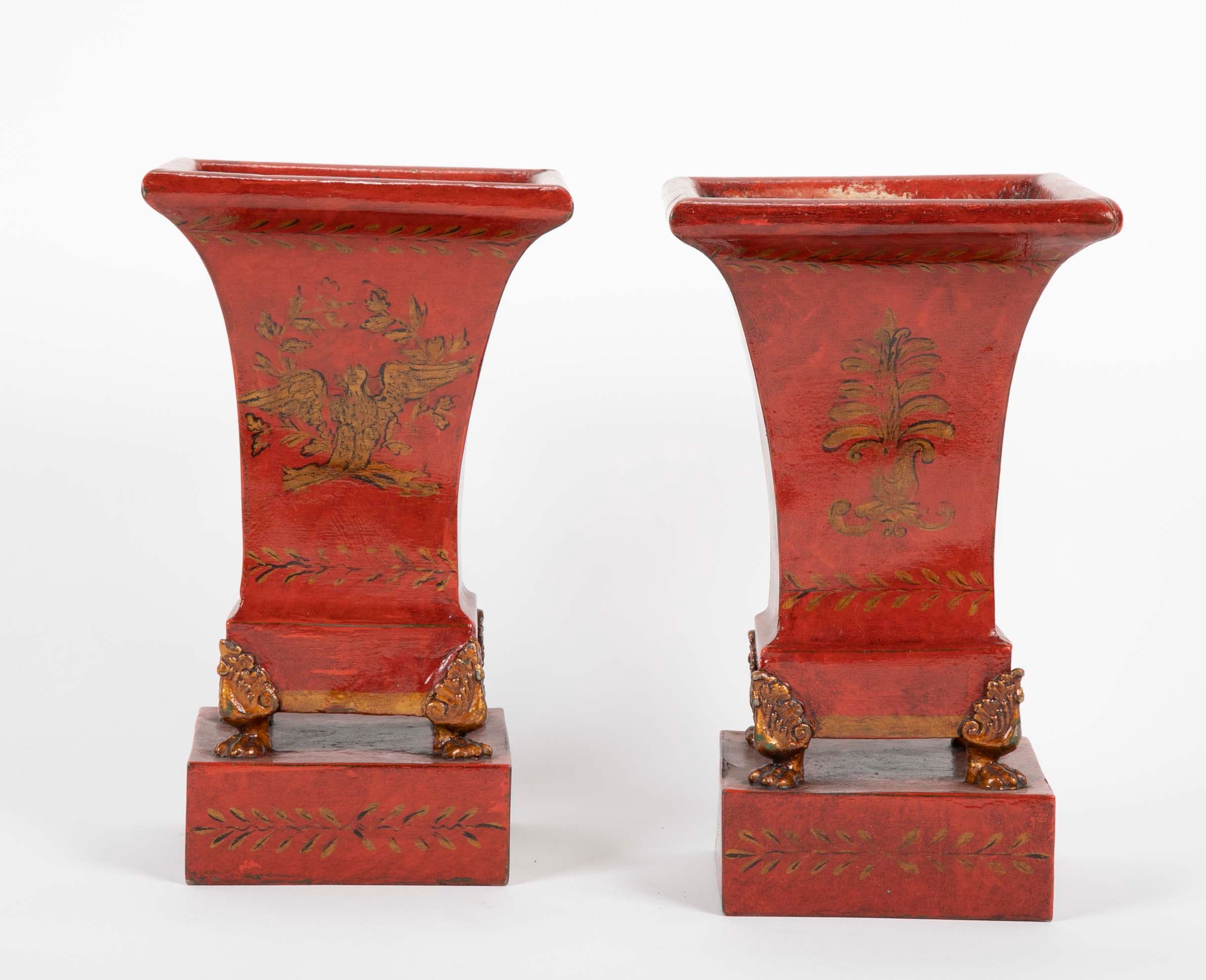 Pair of French Scarlet Tole Peinte Cachepots