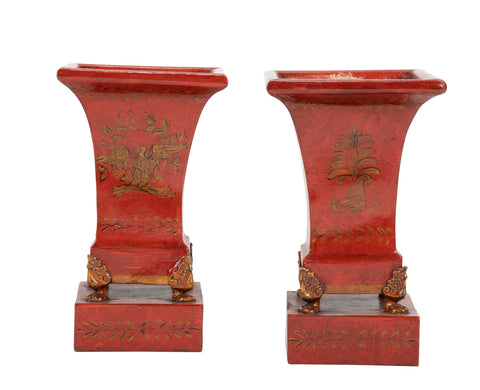 Pair of French Scarlet Tole Peinte Cachepots