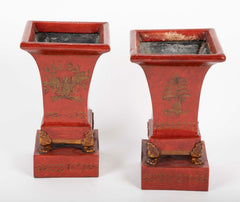 Pair of French Scarlet Tole Peinte Cachepots