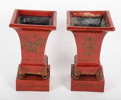 Pair of French Scarlet Tole Peinte Cachepots