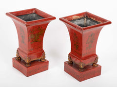 Pair of French Scarlet Tole Peinte Cachepots