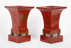 Pair of French Scarlet Tole Peinte Cachepots