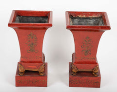 Pair of French Scarlet Tole Peinte Cachepots
