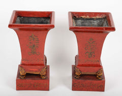 Pair of French Scarlet Tole Peinte Cachepots