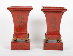 Pair of French Scarlet Tole Peinte Cachepots