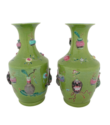 Pair of Very Good Quality Chinese Vases with Relief Decoration